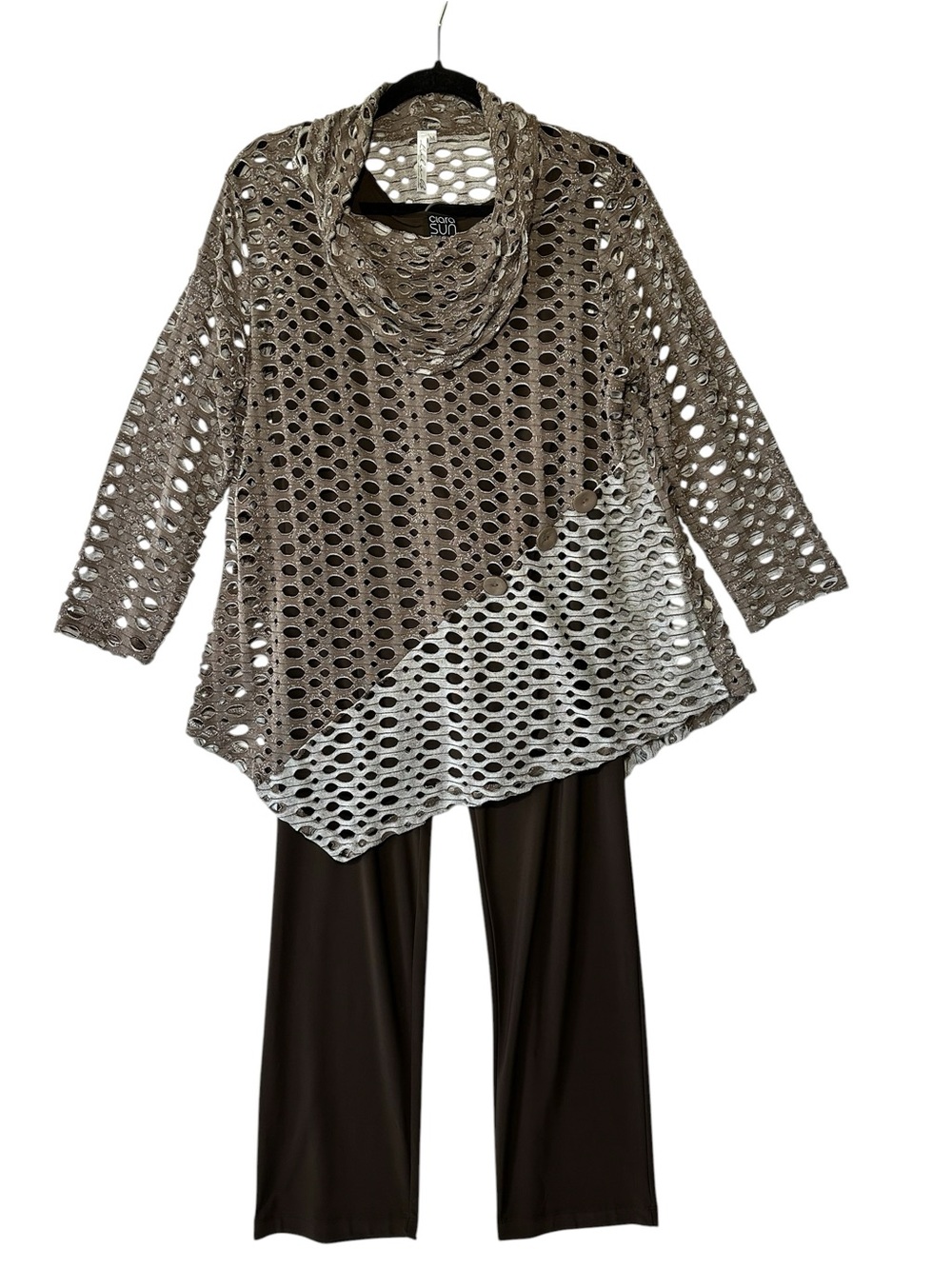 Lulu-B Taupe Open-Hole Knit Top with Clara Sun Woo Tank and Pants Outfit Set